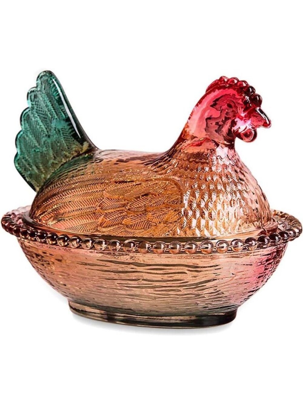 Vintage Glass Hen on Nest Dish with Lid | Large Rooster Candy Bowl, Colorful